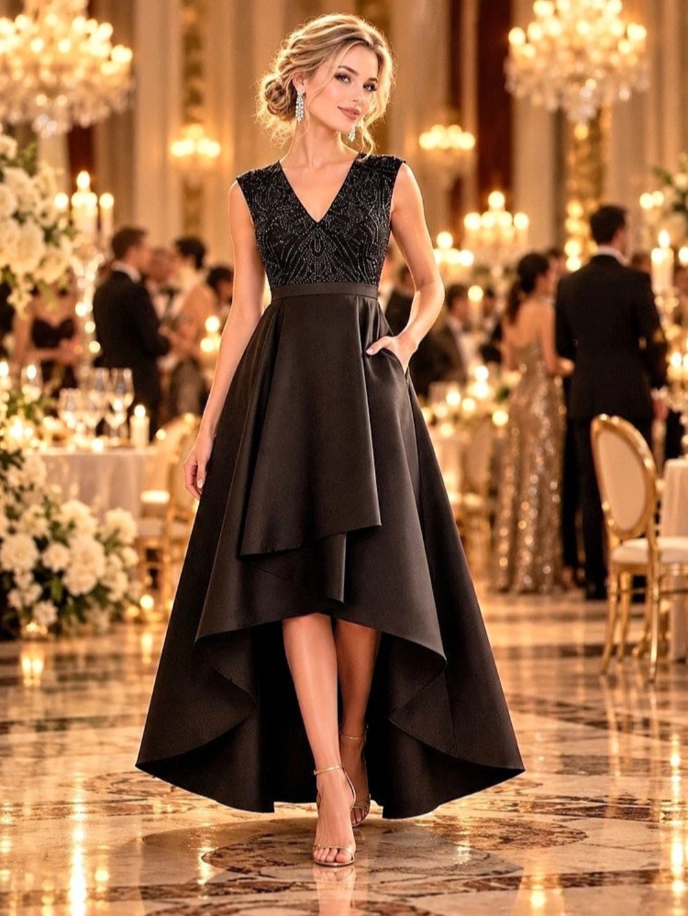 Adrianna Papell Navy Black Beaded Velvet Taffeta High-Low Gown NWT